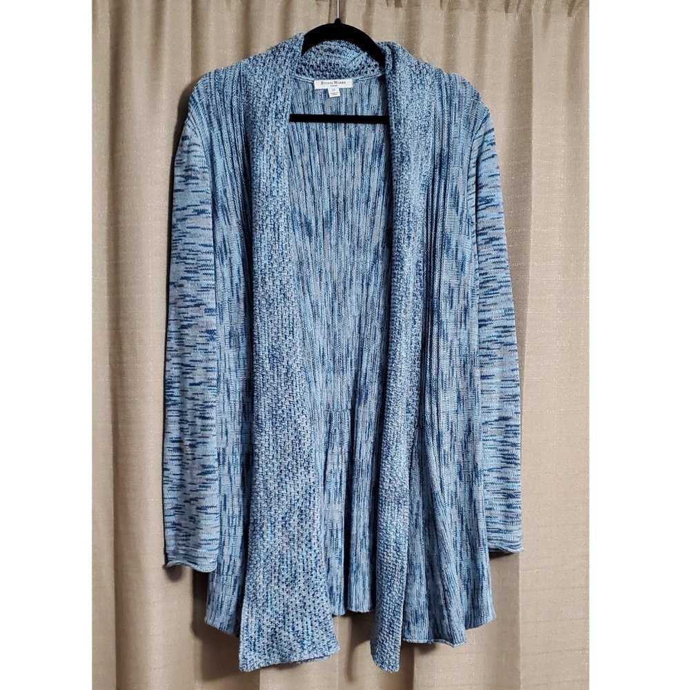 Knitted Open Front A-line Cardigan - Blue Marled 2X Studio Works